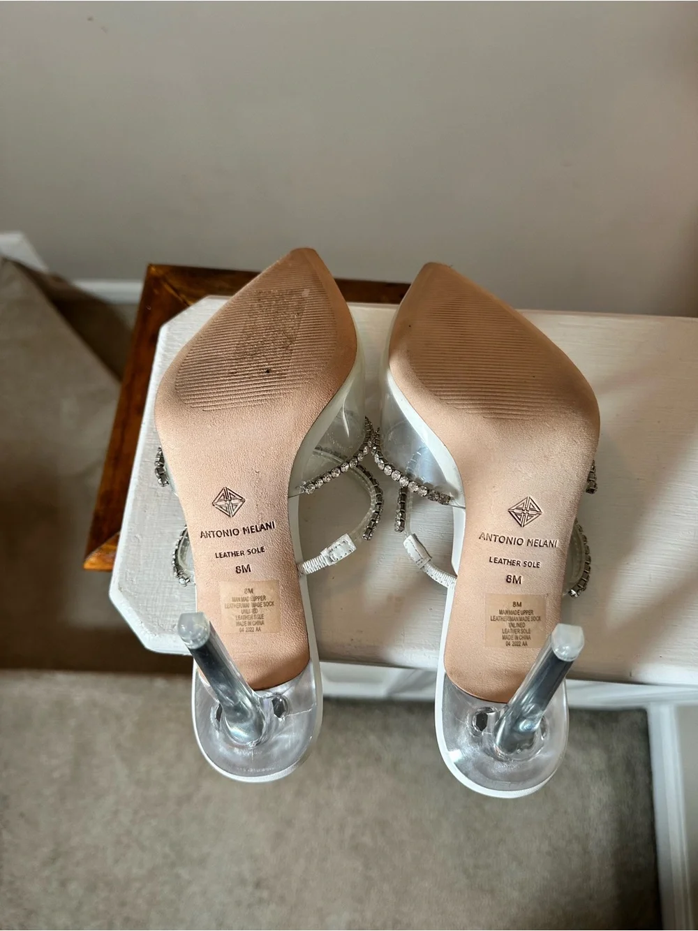 ANTONIO MELANI Nude Clear Rhinestone Strap Stiletto Mules